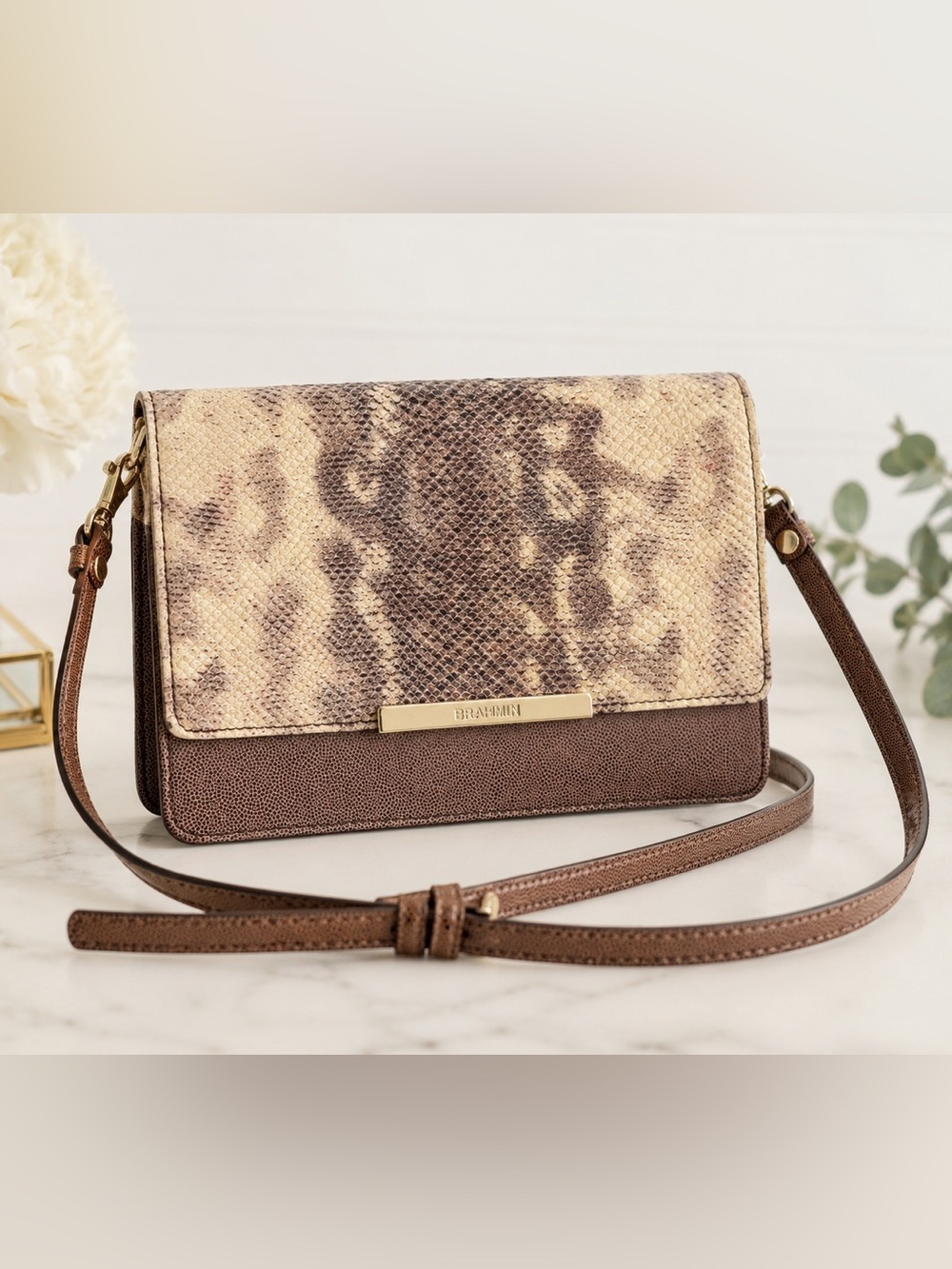 Brahmin Tan and Brown Snake-Print Crossbody Wallet